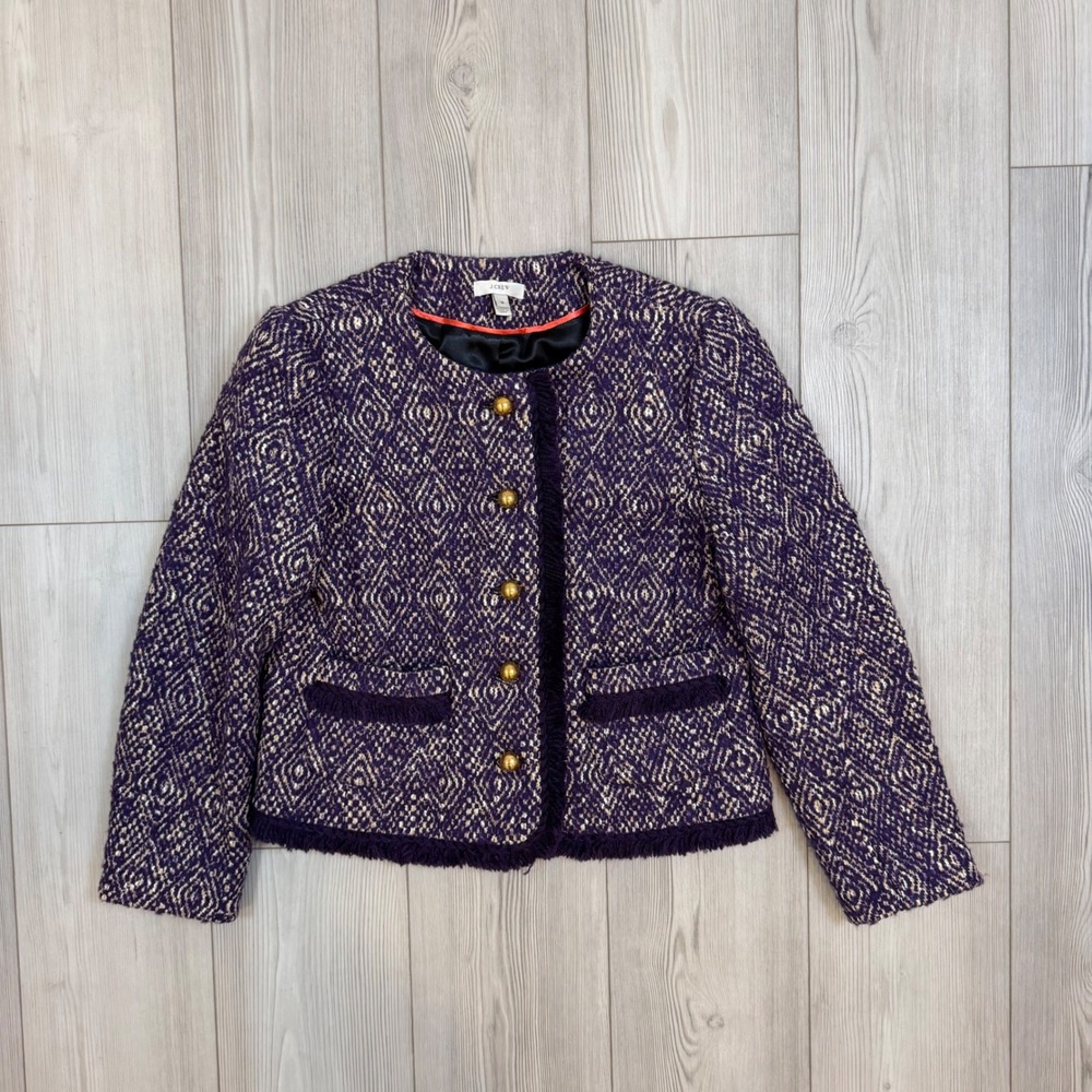 J.Crew Purple Diamond Tweed Fringe Jacket Gold Button Wool Blend Size 10 25770